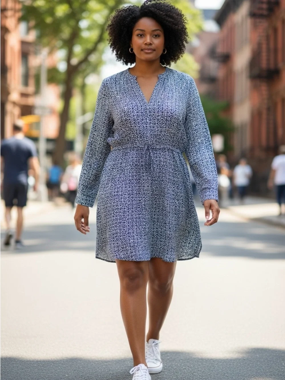 LOFT Blue White Geometric Mosaic V-Neck Drawstring Waist Shirt Dress | L - Picture 1 of 4